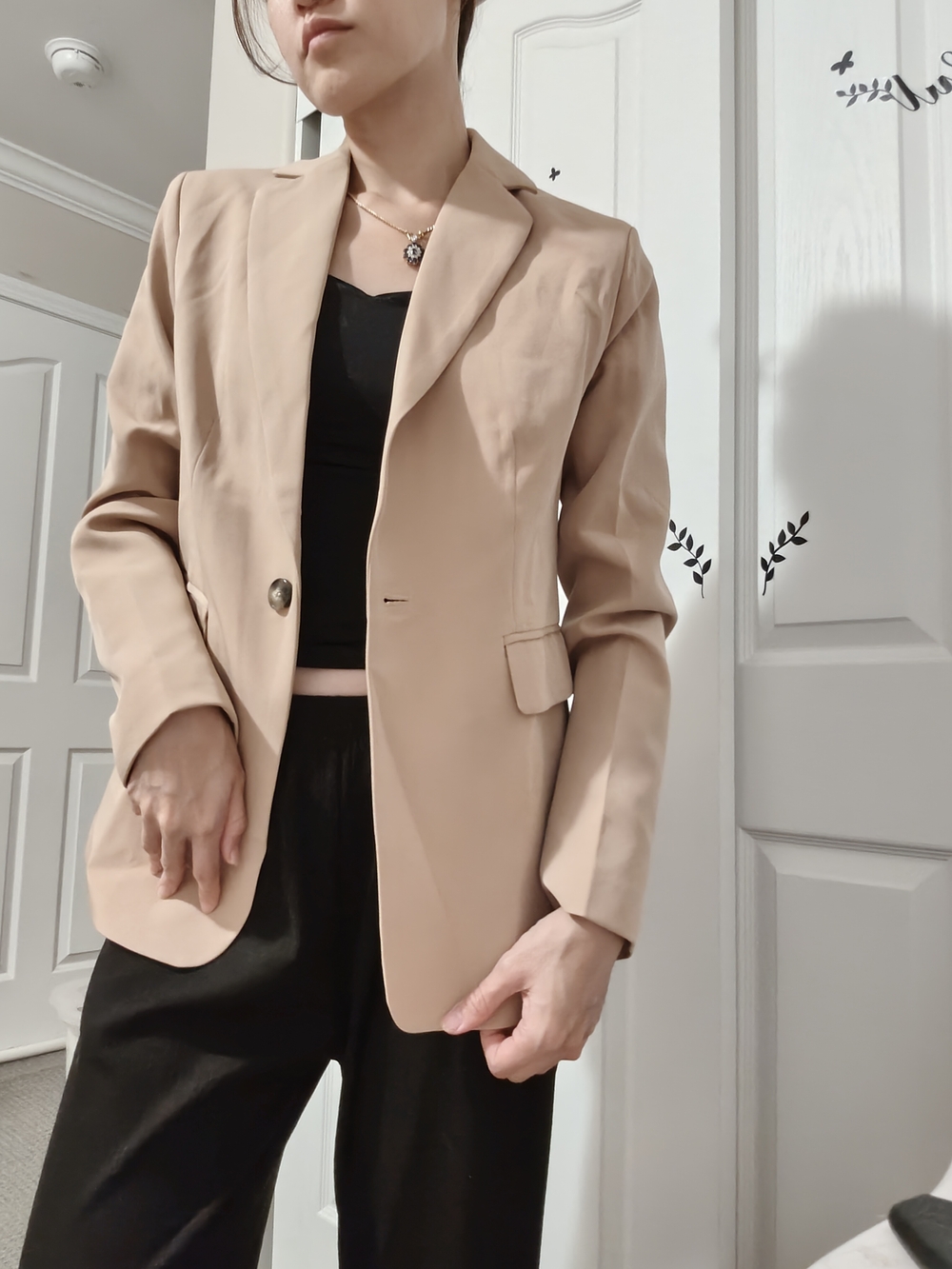 Beige Women's Tailored Blazer Jacket - Classic Single-Button Coat